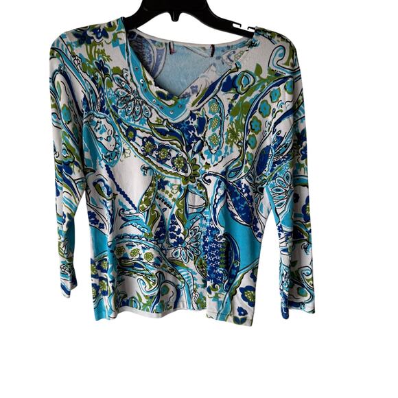 Women's Medium Y2k Retro Blue Green Floral Sequin Slinky Beaded Long Slv Blouse‎ - Picture 1 of 7